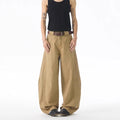 Brown men's straight-leg casual jeans with loose fit and cardigan button fly detail
