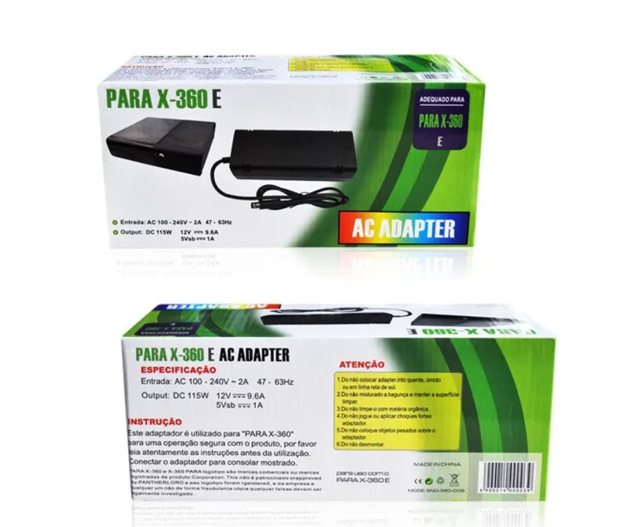 Black Xbox 360 E console AC power adapter with plug options for EU, UK, and US sockets.