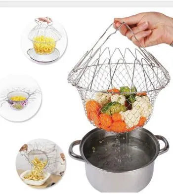 23cm square stainless steel foldable deep fry basket with mirror finish