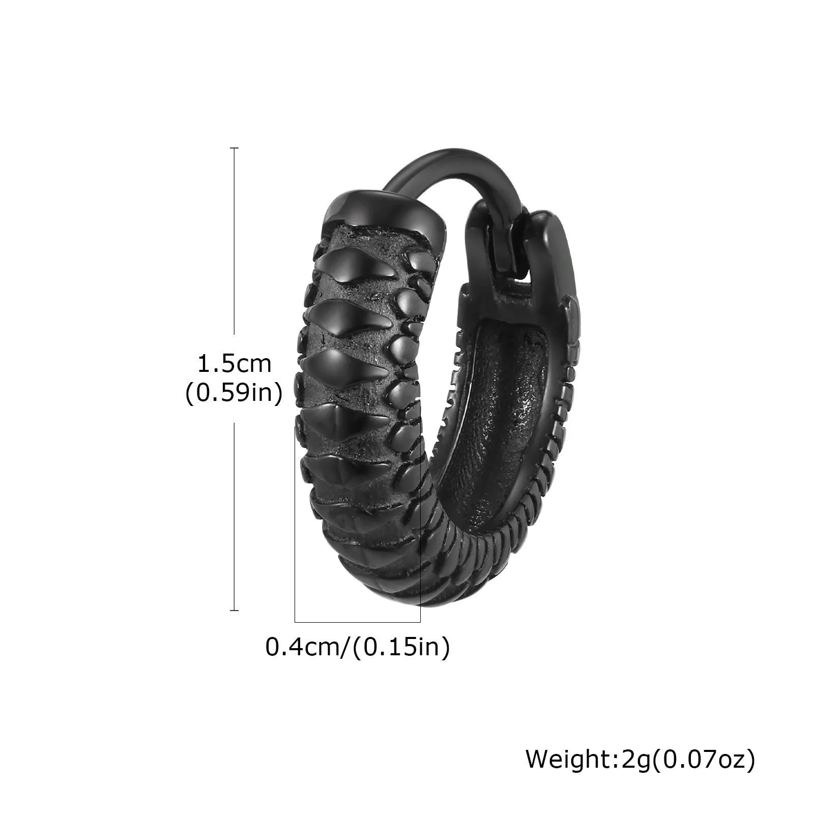 A pair of men's stainless steel earrings featuring a black snake pattern design, shown front-on.