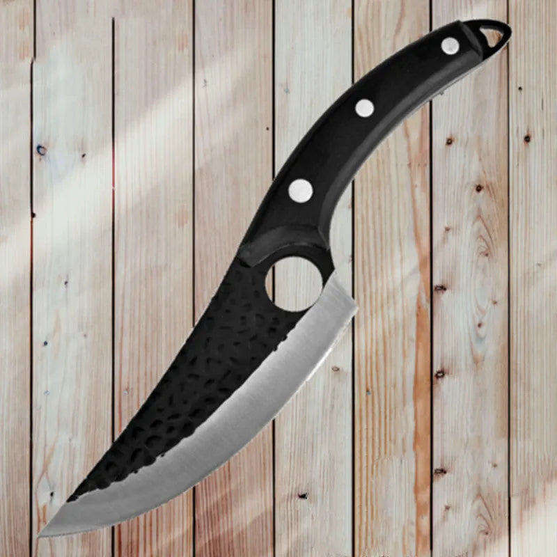 Butcher knife set with small curved scimitar and boning knife in leather sheath