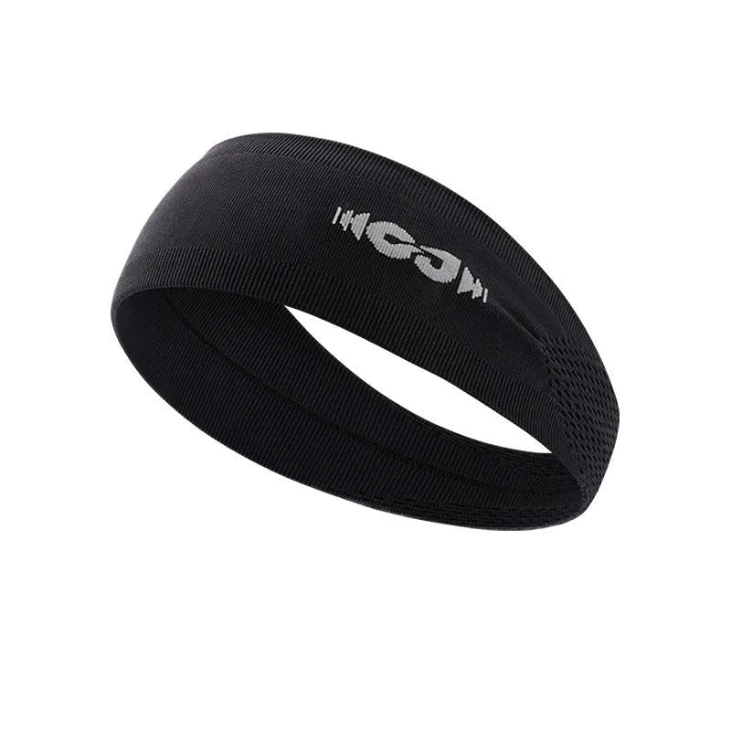 A seamless knitted exercise hair band in black, shown on a person during outdoor activity.