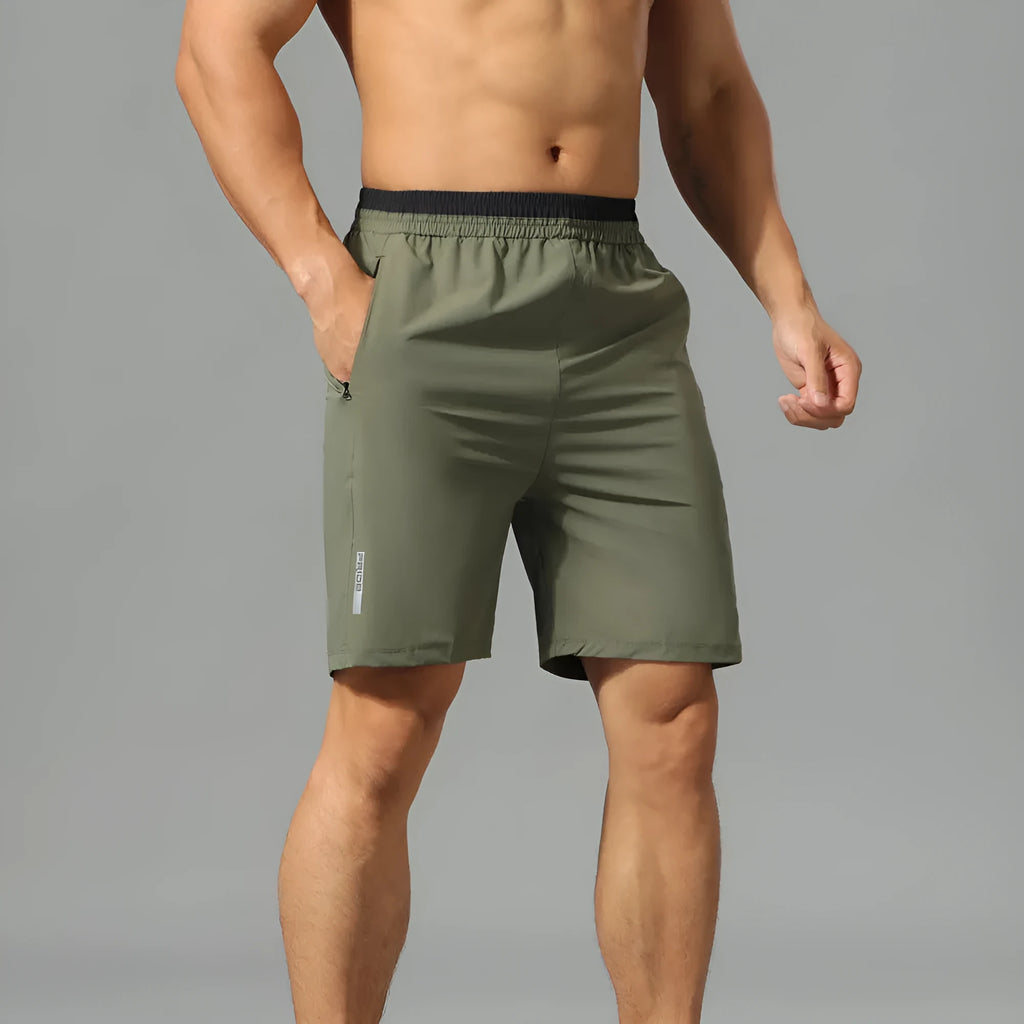 Men's grey ice silk quick-dry loose fit cropped workout pants on hanger