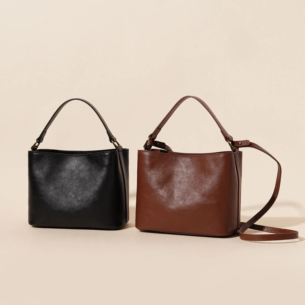Sugar brown vintage-style women's shoulder handbag made from soft cowhide leather with visible stitching