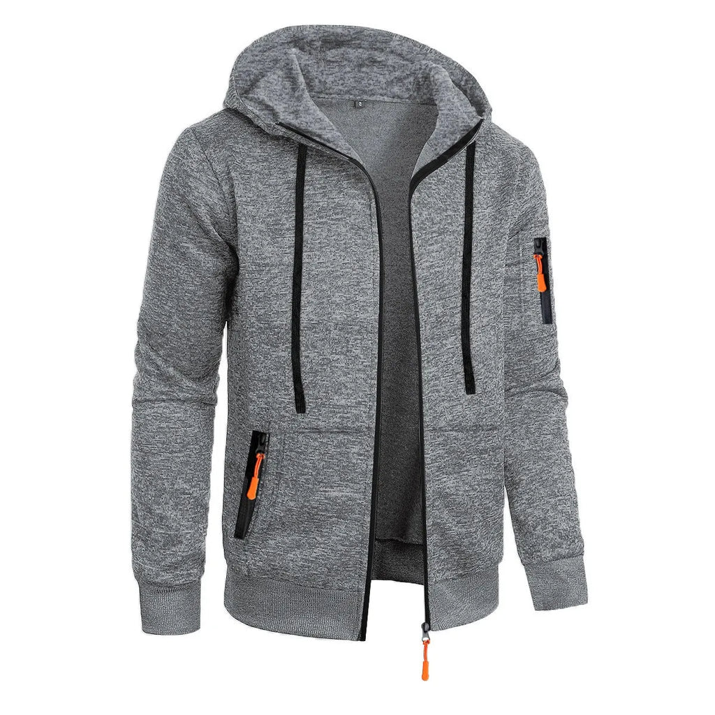Men's hooded cardigan sweater in polyester jacquard knit, loose fit, long sleeve, solid colour, sizes S to 3XL
