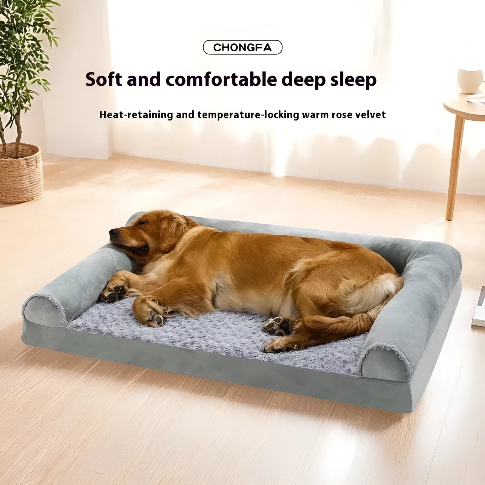 Grey soft-sided dog kennel with a plush fleece liner for a medium or large breed dog.