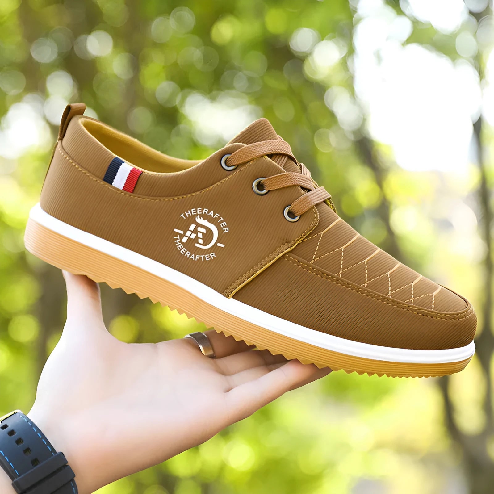 Men's black canvas platform casual work shoes with leather toe cap and textured sewing line detail.