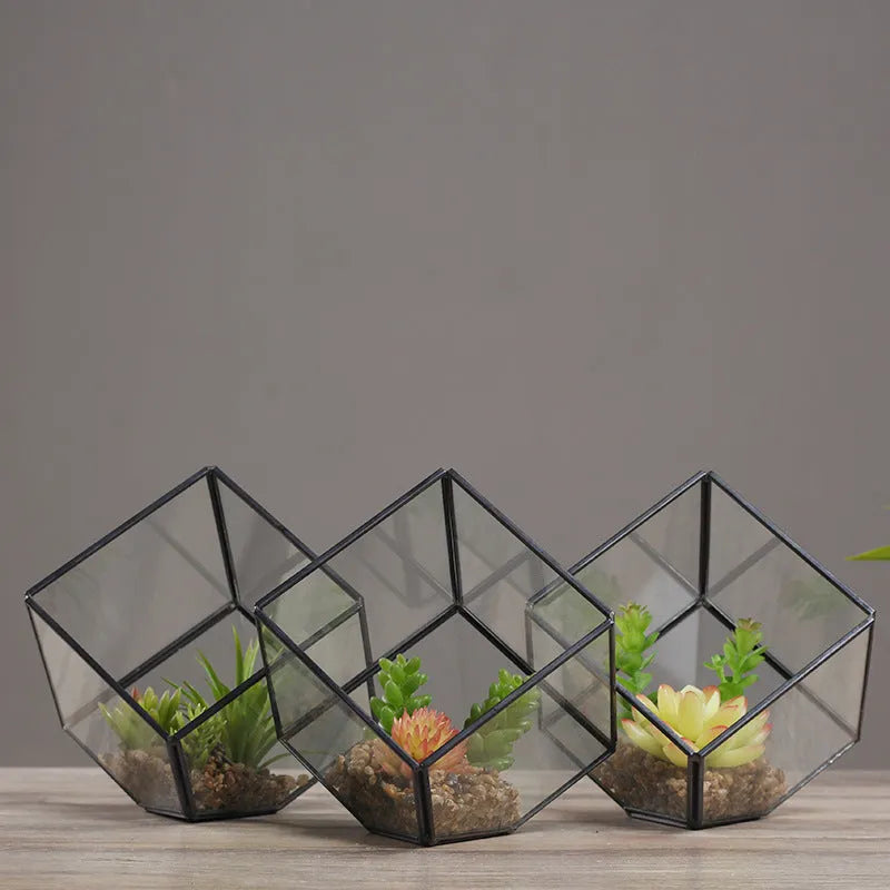 Oblique square small transparent glass greenhouse flowerpot with Nordic geometric style and 10*10 bottom diameter