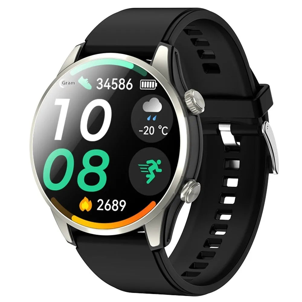 Intelligent outdoor sports watch with alloy case, black or steel colour, touch operation, heart rate monitoring and dual-frequency positioning.