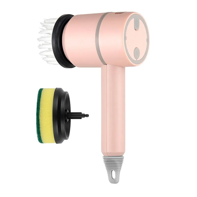 White electric cleaning brush with rotating scrub head and separate scouring pad attachment