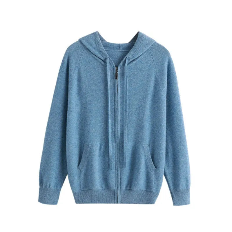 Men's grey hooded cashmere cardigan with full-length zipper showing regular fit design