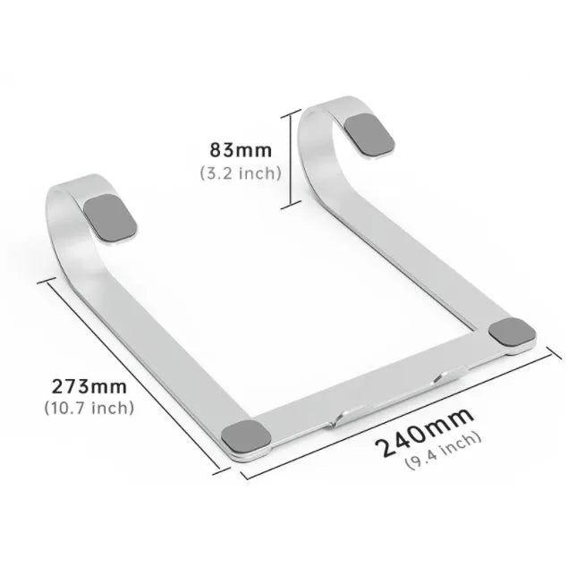 Silver aluminium alloy laptop stand measuring 260x240x150 mm on a wooden desk