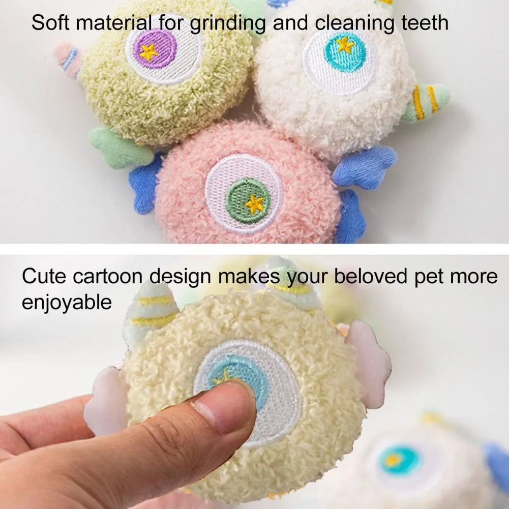 Cartoon-shaped plush dog chew toy with big eyes in multiple colour options