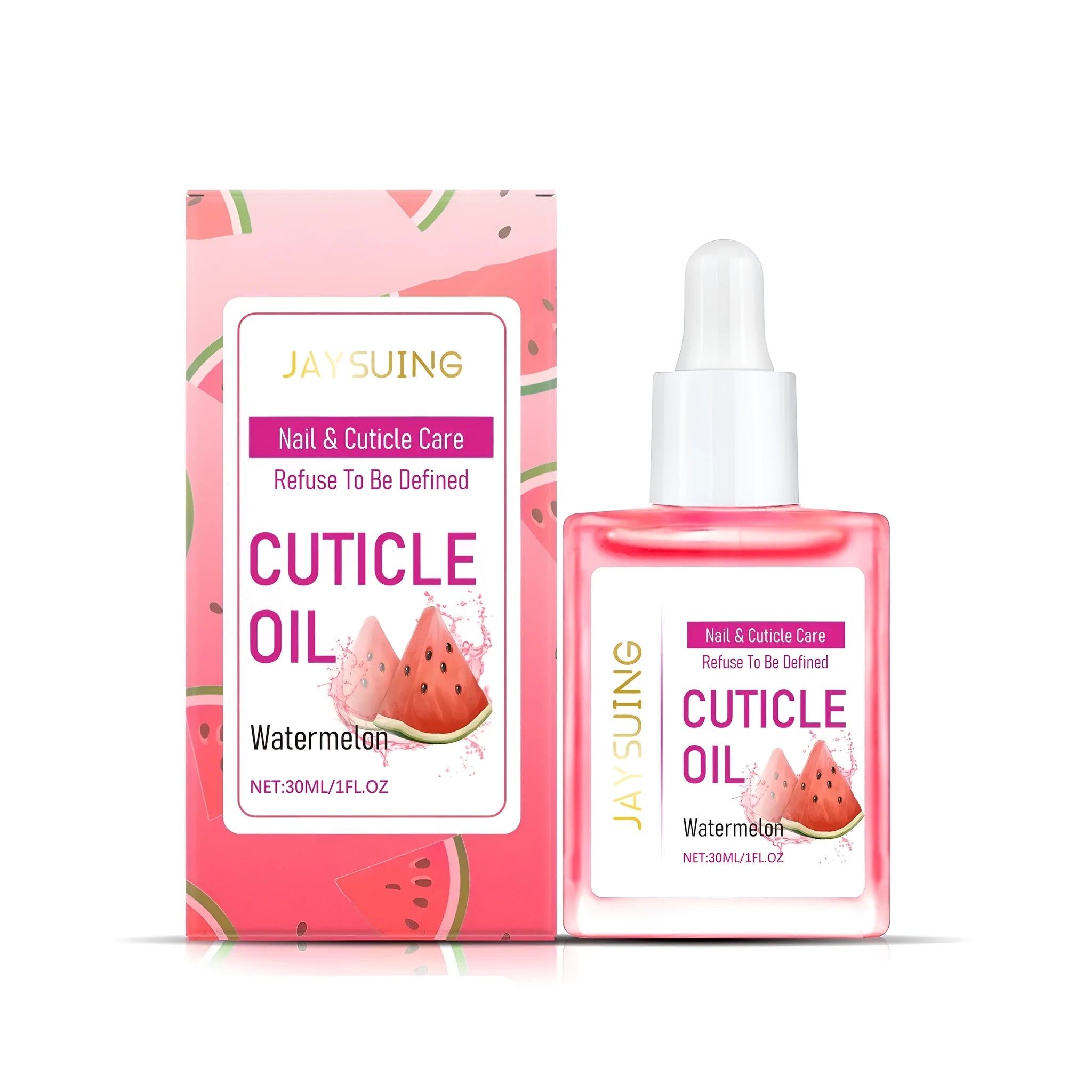 30ml bottle of watermelon nail care oil with a dropper for cuticle treatment.