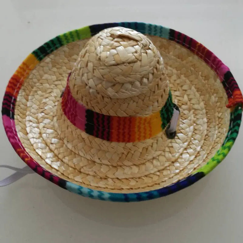 Mini woven straw pet hat for small dogs and cats, one size, 16cm diameter, Mexican-style pattern