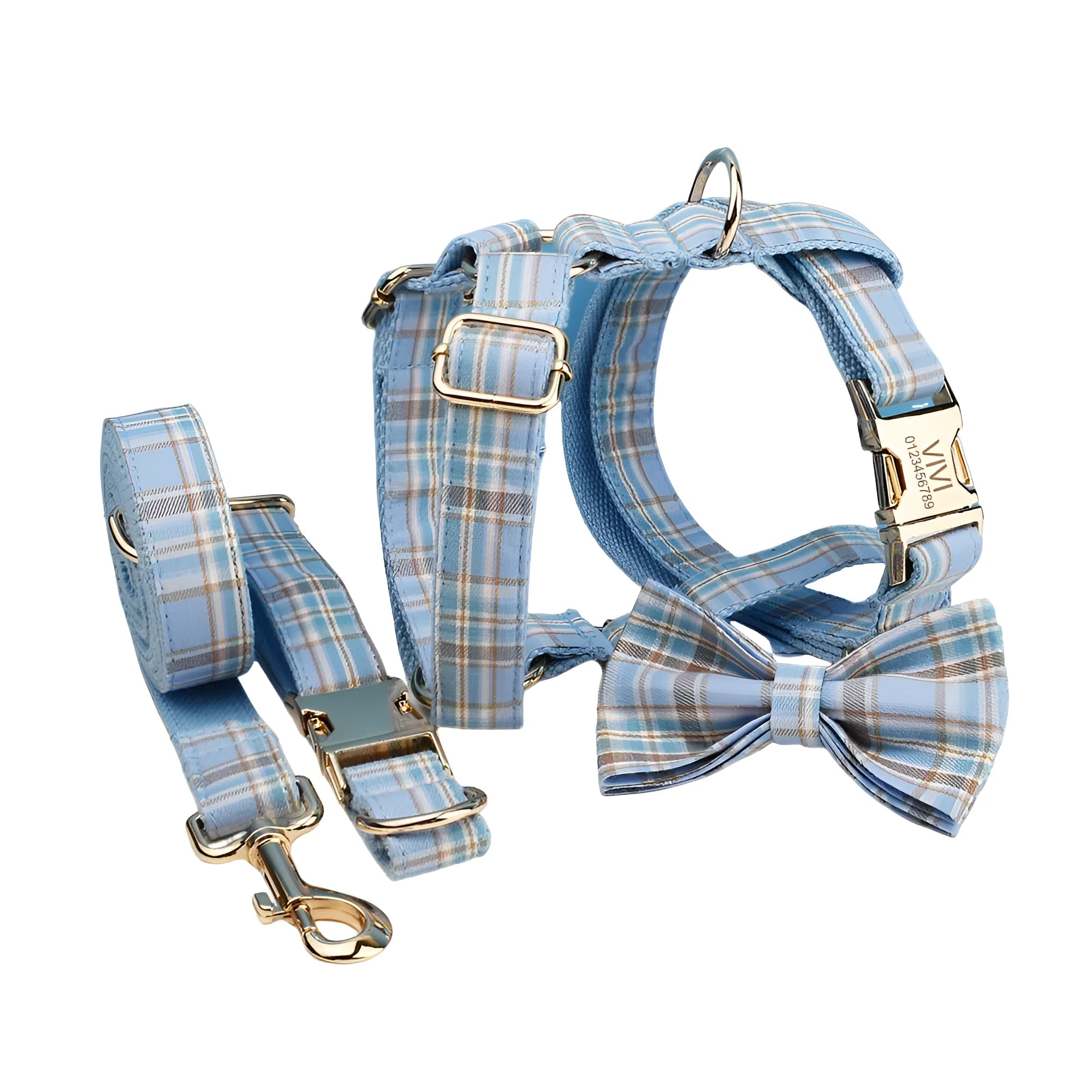 Sky blue grid pattern dog collar and leash set with matching bow and vest accessories