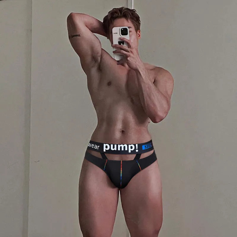 Men's black modal fabric briefs with low waist design on mannequin