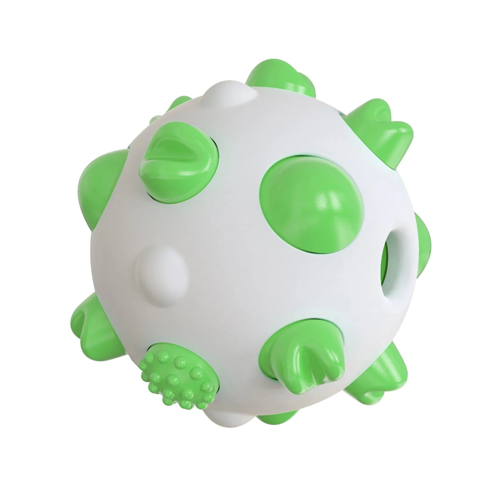 Blue green and yellow nylon dog teething chew ball with textured bumps and hollow treat-dispensing centre.