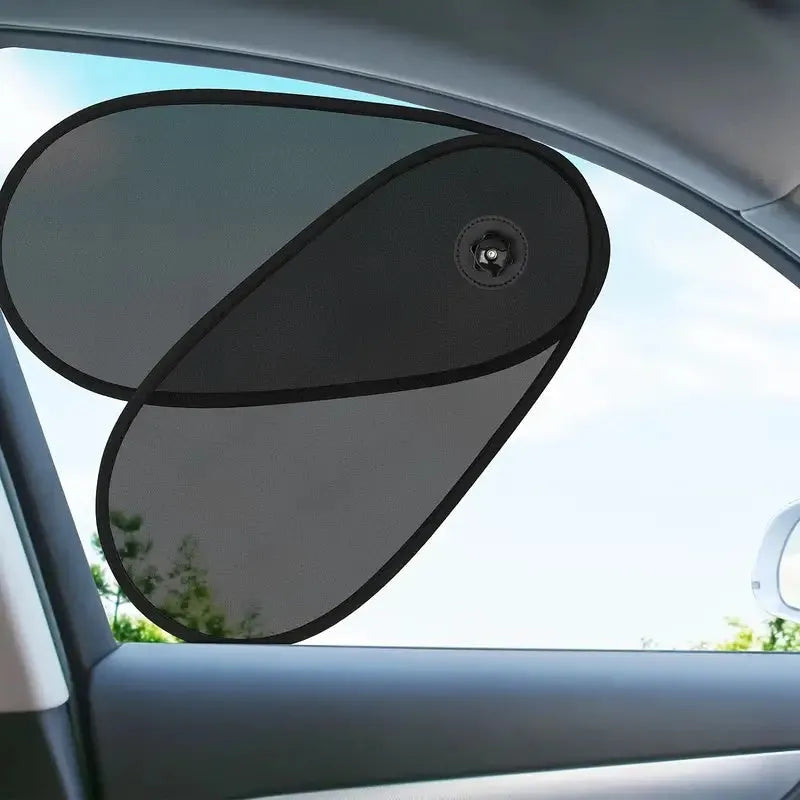Black stretchy car side window sunshade with suction cups fitted on a car window