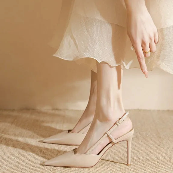 Apricot women's high-heeled sandals with one-line buckle toe strap and thin belt design