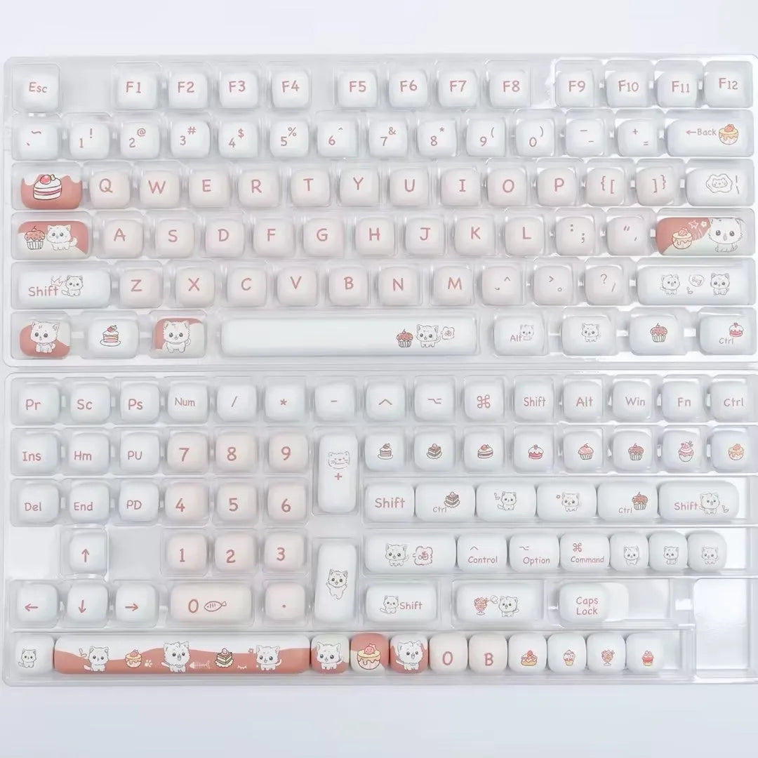 Cartoon dessert cat MOG round key cap set for mechanical keyboards, showing sublimated PBT design.