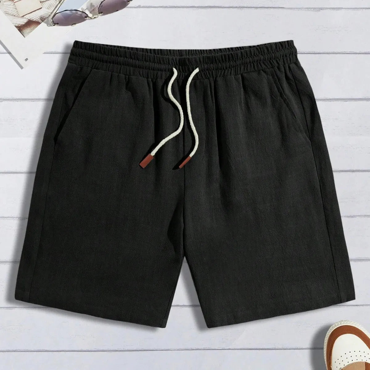 Men's thin linen loose casual shorts, no liner, drawstring waist, black light blue gray khaki navy blue