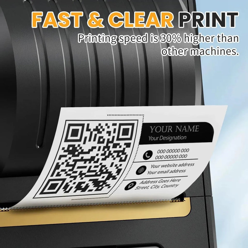 Black Bluetooth thermal label printer with 40x30mm label roll and Type-C cable