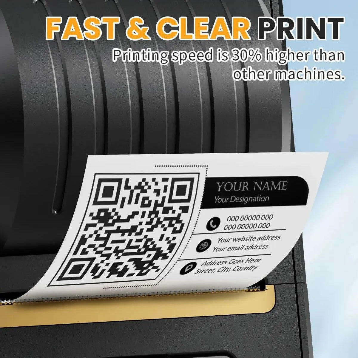 Black Bluetooth thermal label printer with 40x30mm label roll and Type-C cable