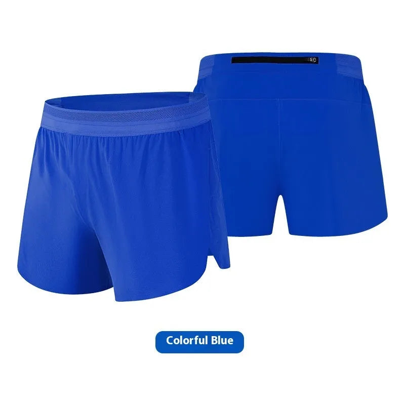 Men's polyester exercise shorts with breathable sweat-wicking design and anti-exposure lining, available in eight colours.