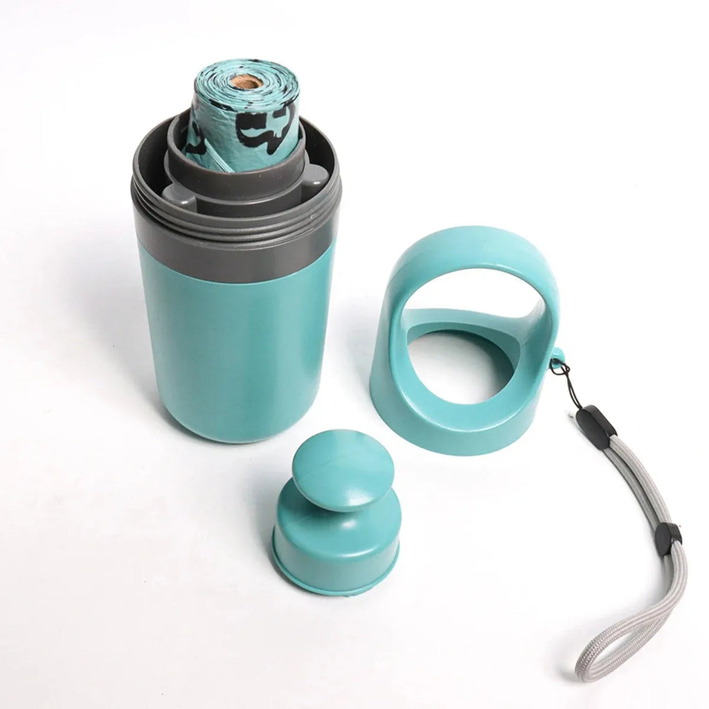 Blue portable pet pooper scooper with claw mechanism and built-in bag dispenser.