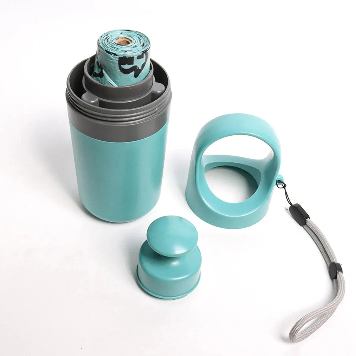 Blue portable pet pooper scooper with claw mechanism and built-in bag dispenser.