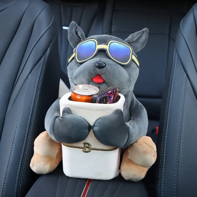 Plush car tissue box hanging from armrest showing 27x33cm dimensions and novelty dog design