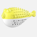 Blue silicone fish-shaped chew and teaser toy for cats on a plain background.