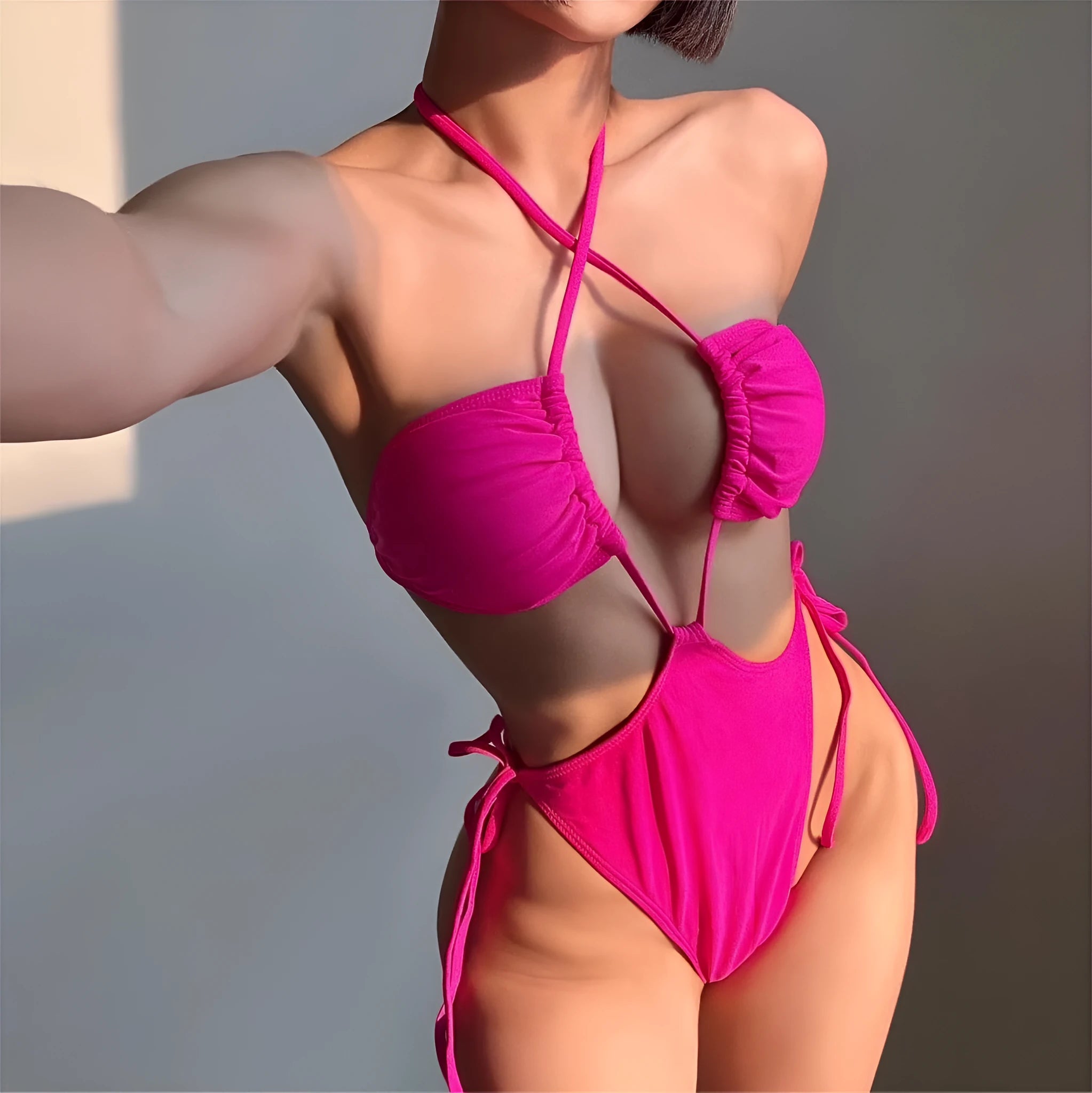 Women's drawstring one-piece swimsuit in briefs style available in multiple solid colours