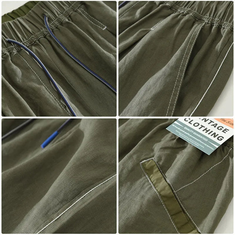 Men's loose straight linen shorts in green or black with drooping casual style