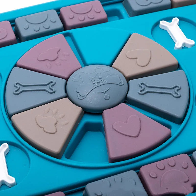 Blue interactive dog puzzle toy with four lockable handles, sliding panel and anti-skid base