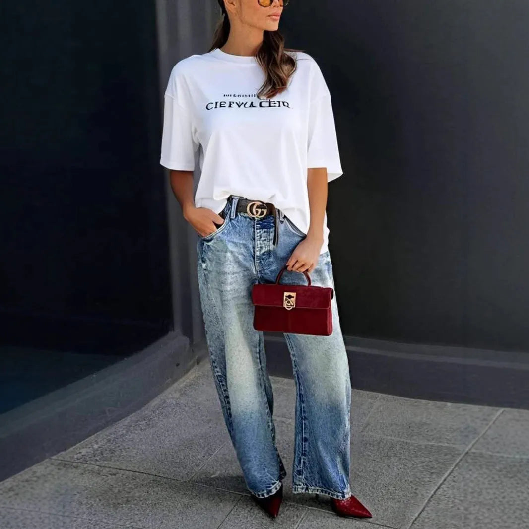Blue wide leg stretch denim jeans for women with high waist and zipper fly