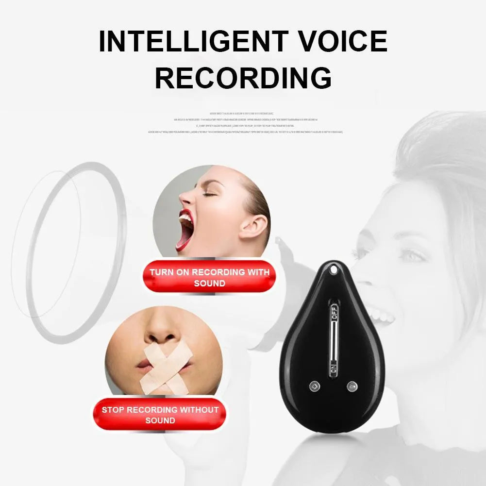Grey mini hidden voice recorder with keychain design, 8GB memory, and USB cable