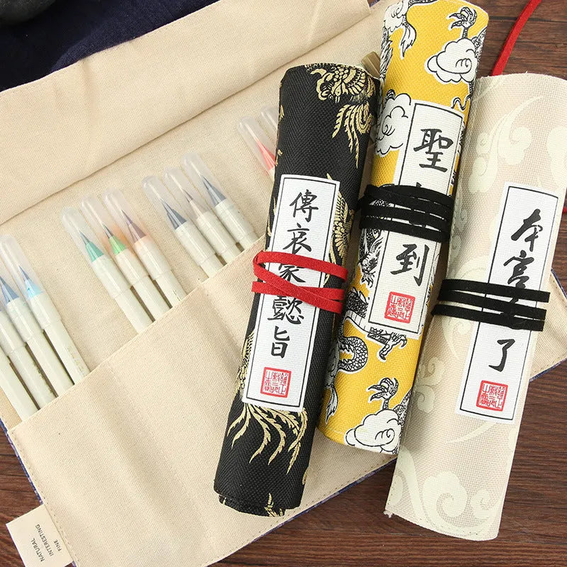 Oxford cloth student pencil case in black, blue, light yellow, and yellow colours, 285mm long.