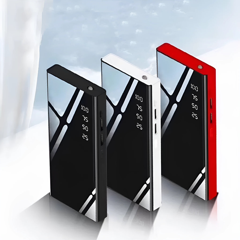 Black 20000mAh portable power bank showing LCD display and two USB ports.