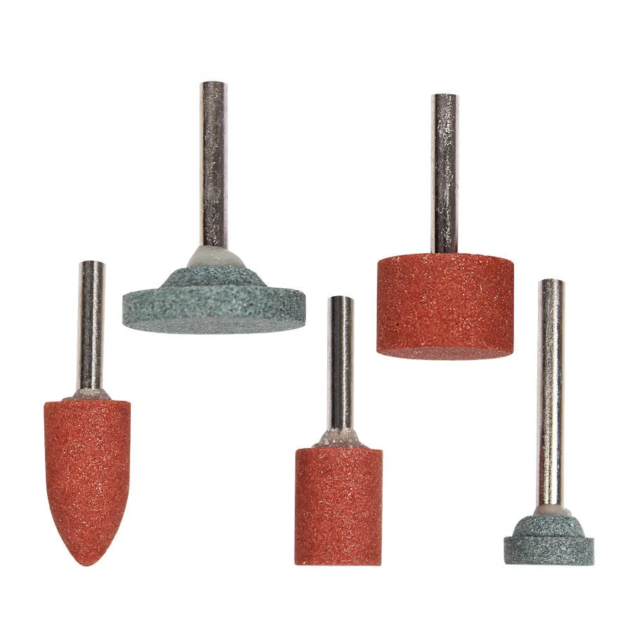 Electric grinding wheel set with five ceramic bond abrasive stone heads in small T, large T, cylinder, and cone shapes