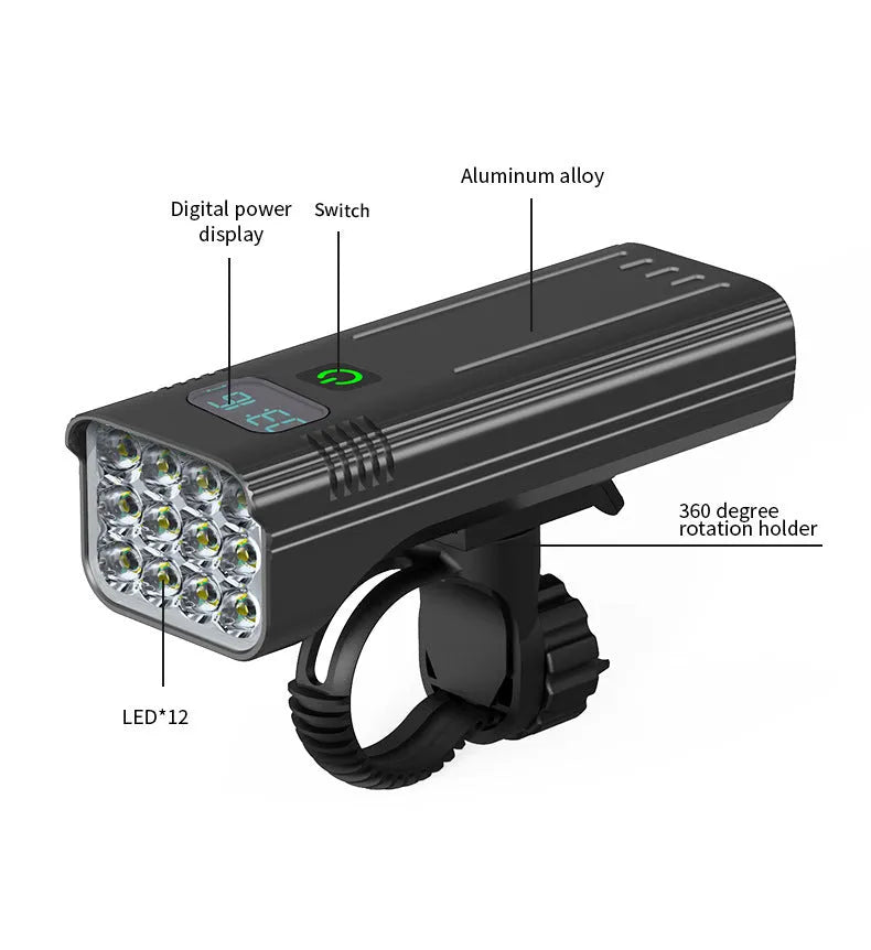 Black KX12DF digital display bicycle headlight with USB port mounted on a 360-degree bracket.