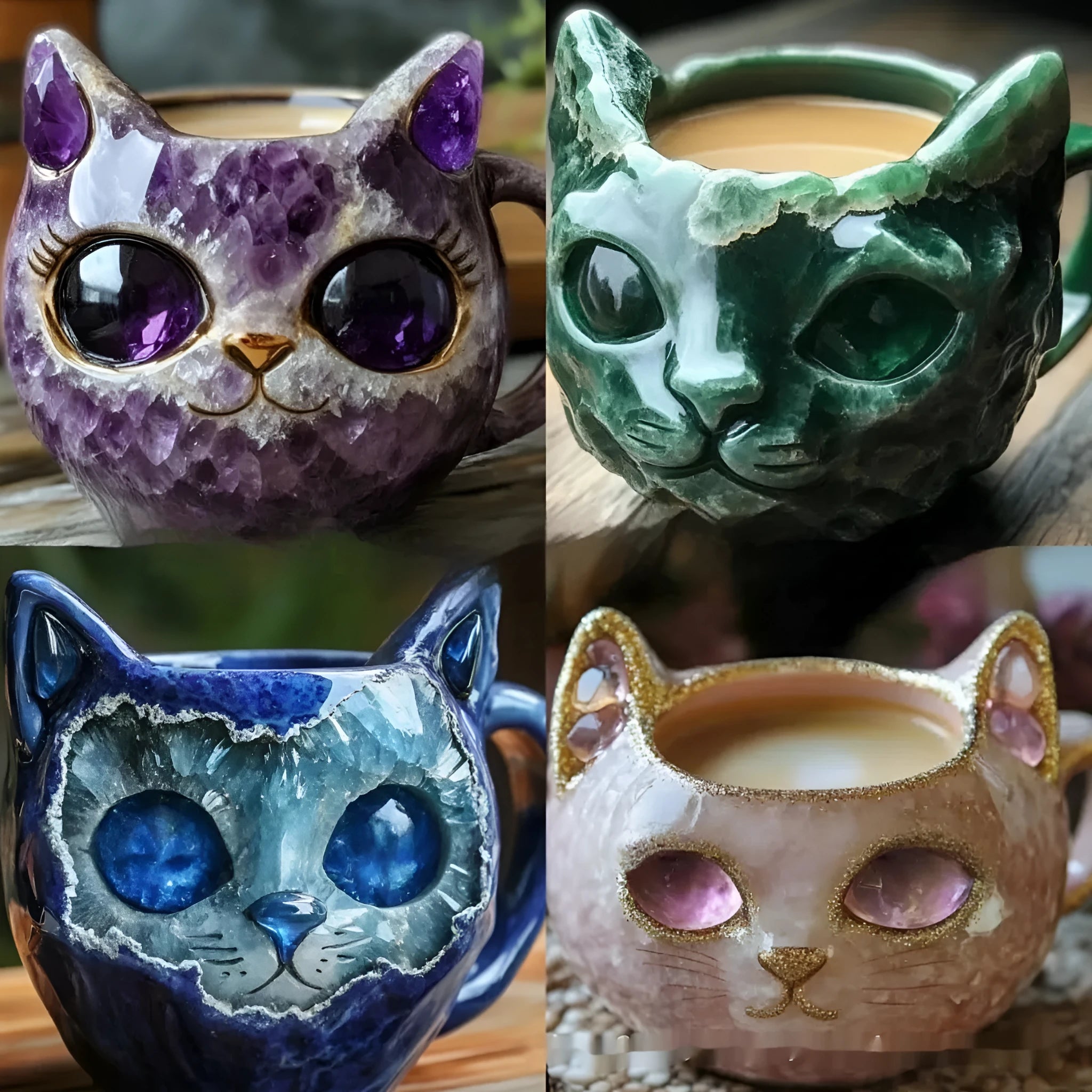 Purple handmade synthetic resin geode mug with crystal design, measuring 11cm tall.