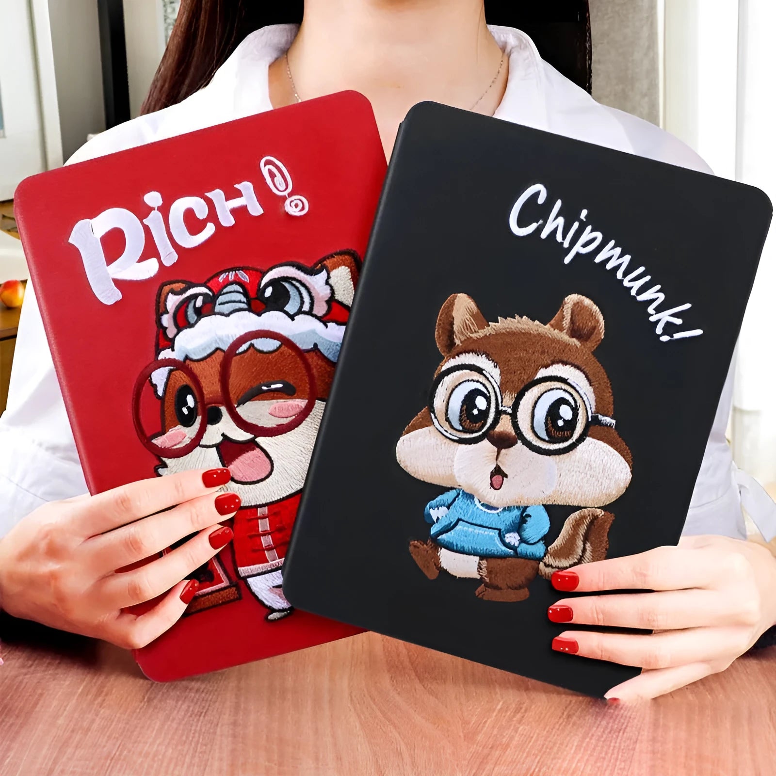 Cartoon design imitation leather protective sleeve for Apple iPad with a free screen protector.