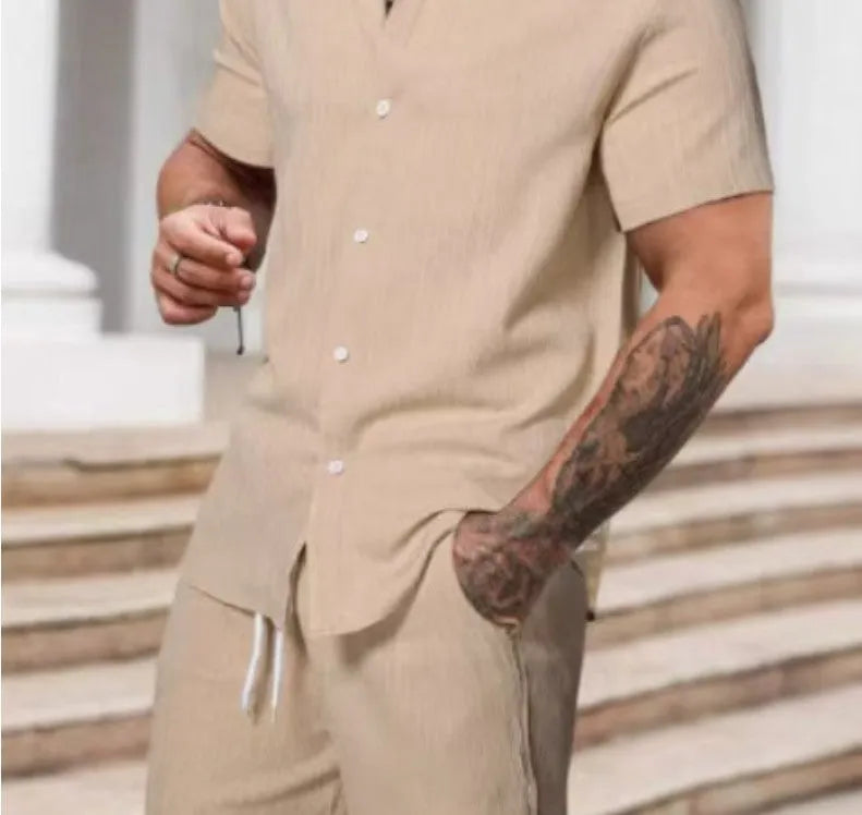 Striped printed men's casual suit set with short sleeve shirt and shorts in colour YT50313P1