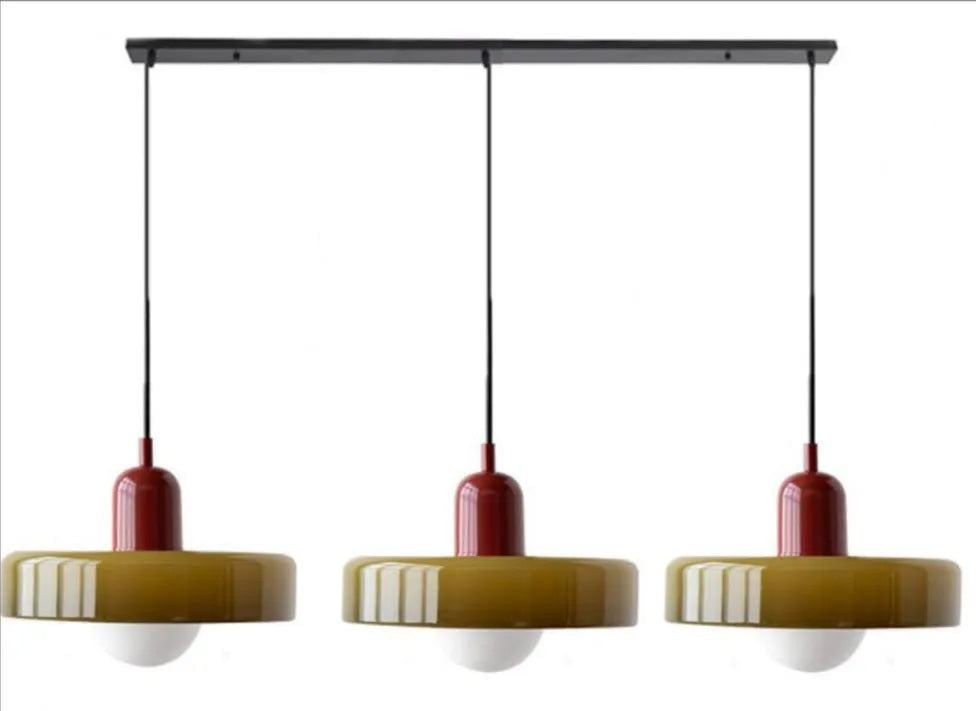 Three-head glass chandelier with iron frame in long platter design