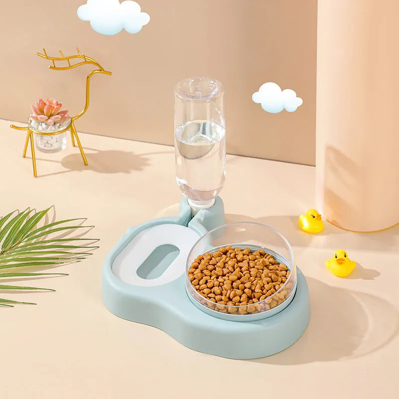 Double bowl automatic pet feeder with 360 degree rotation and tilt for cats in grey colour