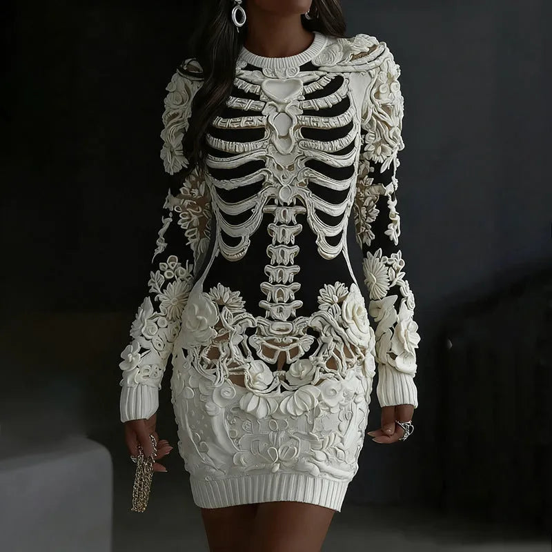 Women's long-sleeve thick polyester sweater dress with skull skeleton print, cinched waist, hip skirt, street style.