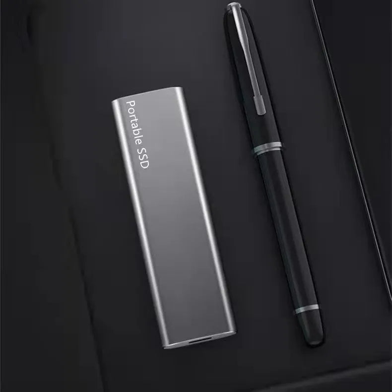 Ultra-thin metal mobile SSD for external storage and high-speed data transfer.