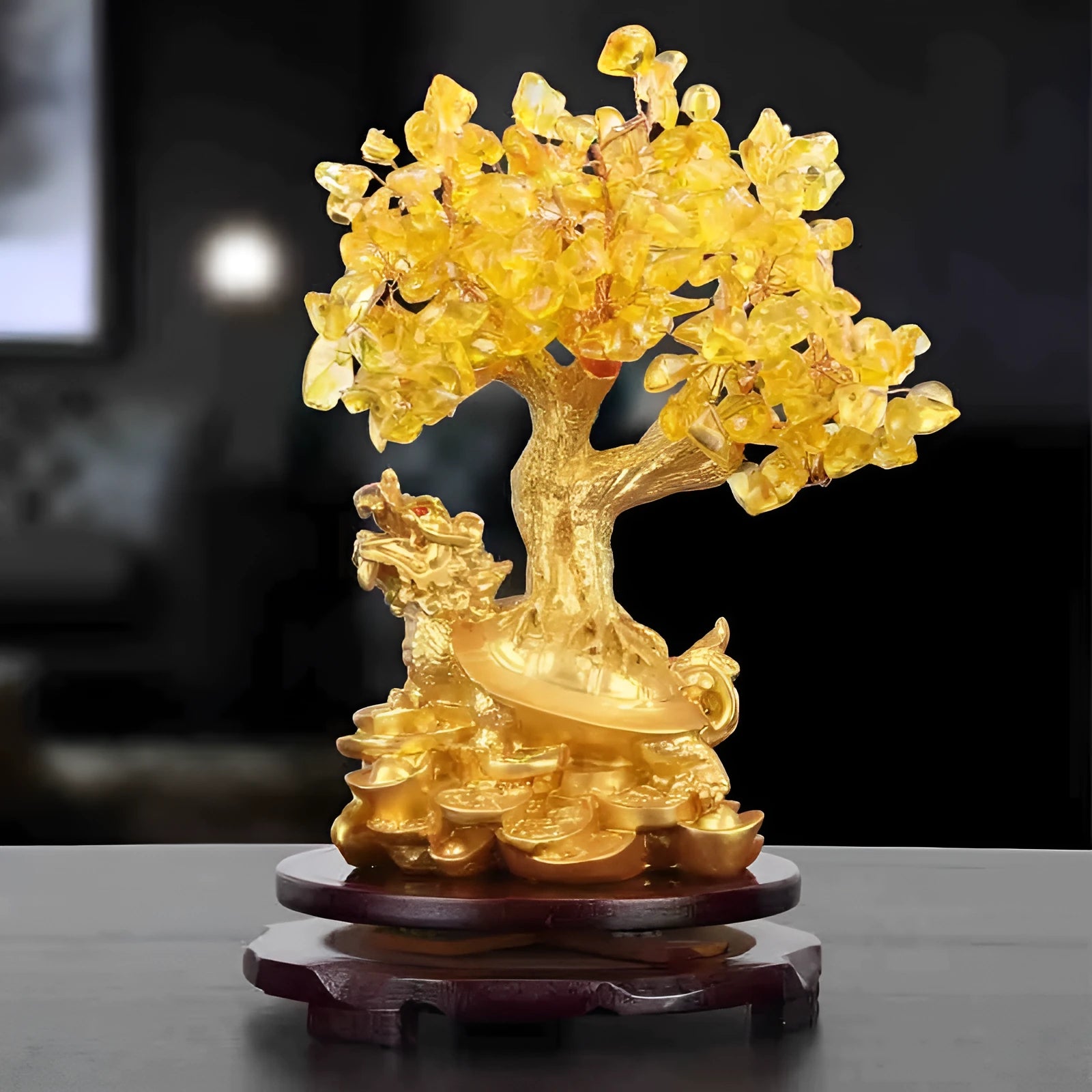 Citrine-coloured resin money tree Feng Shui ornament with a small water turtle design.